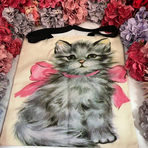 Eco-Friendly Gray Persian Kitten with Pink Bow Folding Tote Bag - Picture 5 of 13
